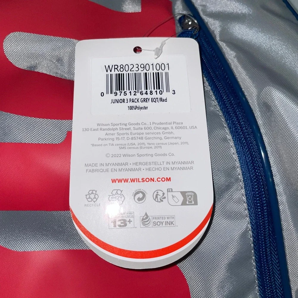 Wilson Junior Tennis Bag Grey Red Racket Cover Holds 3 Rackets NEW